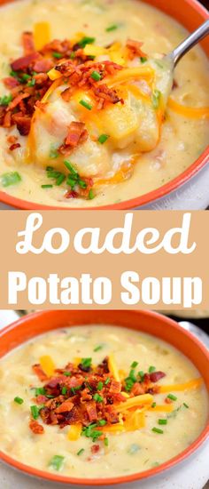 two bowls of loaded potato soup with bacon and cheese