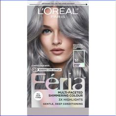 With L'Oreal Feria permanent hair color, what you see is the shimmer. Multi-Faceted shimmering color with 3X highlights delivers intensified, brilliant results. Inspired by fashion, Feria offers a twist on the traditional and gives edgy hair color - from bright red, platinum blonde, rose gold, metallic brown, to blue black hair color, these hair dye kits will transform your hair. Feria's prismatic color spectrum is custom-blended by L'Oreal master colorists for bold, head-turning shades – no app Loreal Paris Feria, Feria Hair Color, Ash Gray Hair Color, Silver Hair Dye, Blue Black Hair Color, Loreal Hair Color, Edgy Hair Color, Loreal Hair, Grey Hair Dye