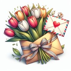 a bouquet of tulips and an envelope with a heart on the top is shown