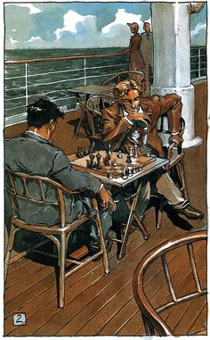 two men sitting at a table playing chess on a ship, while another man watches