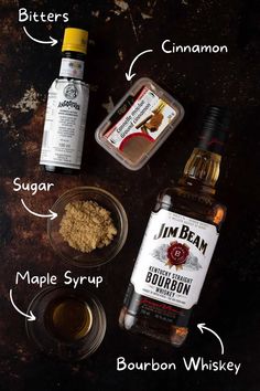 ingredients needed to make an apple cider recipe on a dark background with text overlay