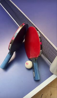 two ping pong paddles resting on top of each other next to a net