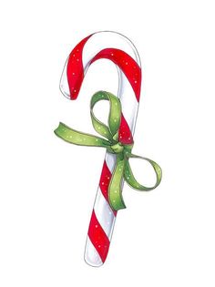 a candy cane with a green ribbon tied around it's end, on a white background