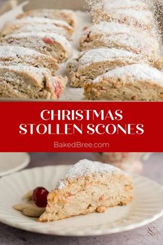 a close up of a slice of christmas scones on a plate with powdered sugar