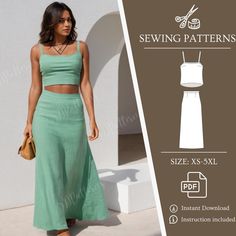 Create your own stunning summer outfit with this two-piece sewing pattern, featuring a stylish crop top and flowy maxi skirt. Perfect for both beginners and seasoned sewers, this PDF pattern includes detailed instructions and is available in sizes XS to 5XL (US 2-30). The crop top features a simple, sleeveless design with wide straps, making it comfortable and chic for warm weather. The high-waisted maxi skirt offers a flattering fit with a slight flare, creating a beautiful silhouette. Pattern Maxi Skirt Sewing, Maxi Skirt Sewing Pattern, Crop Top And Maxi Skirt, Bauchfreies Top, Skirt Sewing Pattern, Stylish Crop Top, Flowy Maxi Skirts, Peter Pan Collar Blouse, Skirt Sewing