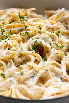 a close up of a pasta dish in a pan with cheese and parsley on top