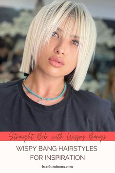 This is a must-try for anyone who has dead straight hair or likes using a flat iron. A blunt-cut bob with wispy bangs and face-framing layers gives this bob an intense look. Far from soft and romantic, this stunning, angular look is made even more striking by the platinum blonde color. Follow the link for more inspiration! Source: @ayhanonluel | Instagram Bob Hairstyles With Bangs, Short Hairdos, Bob Haircut With Bangs, Long Bangs, Penteado Cabelo Curto, Short Blonde, Trending Hairstyles, Haircuts With Bangs