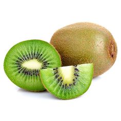 the kiwi is cut in half and sitting next to it's whole fruit