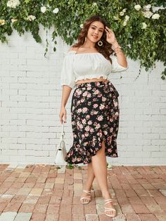 Multicolor Boho   Polyester Floral,All Over Print Wrap Embellished Non-Stretch Spring/Summer/Fall Plus Size Bottoms Plus Size Floral Skirt, Long Wrap Skirt Outfit, Wrap Skirt Outfit Summer, Wrap Skirt Outfit, Floral Wrap Skirt, Long Wrap Skirt, Skirt Outfit Summer, Floral Two Piece, Floral Print Skirt