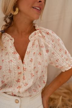 Ecru Embroidered Carine Blouse – Easy Clothes North America Dainty Embroidery, Parisian Women, Flower Fashion, Women's Summer Fashion, Floral Patterns, Short Sleeve Blouse, Style Ideas, Warm Weather, Womens Clothing Tops