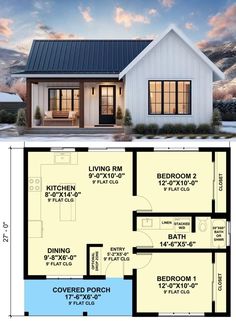 the floor plan for a small house with two bedroom and an attached bathroom, is shown