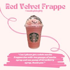 a pink starbucks drink with whipped cream and cookies in it's cup is featured on the ad for red velvet frappe