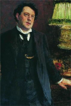 a painting of a man in a black suit and white shirt standing next to a lamp