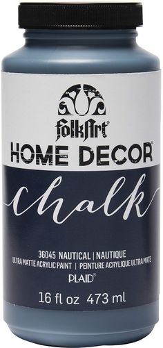 a bottle of chalk that is blue and has the words home decor chalk on it