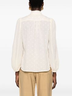 cream white cotton mock neck ruffled detailing polka dot embroidery long sleeves front buckle fastening elasticated cuffs straight hemThis piece fits true to size. We recommend you get your regular sizeModel is 1,75m / 5ft 8in wearing size 1 (NUM) Polka Dot Embroidery, Dot Embroidery, Feminine Aesthetic, Cotton Blouse, Emilio Pucci, Cotton Blouses, Denim Pant, Stylish Shirts, Denim Top