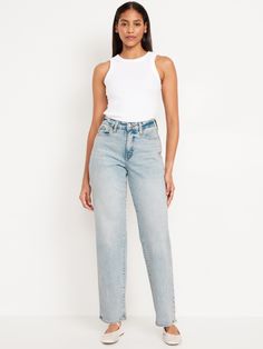 no-gap high waist zip fly front scoop pockets back patch pockets loose leg sits at belly button hits below ankle 30 1/2" regular inseam 28 1/2" petite inseam 33 1/2" tall inseam sizes 00-14: curvy waist is 2” smaller and 2” roomier at the hips sizes 16 and up: curvy waist is ½” smaller and ¾” roomier at the hips models are approx.  5'9" and wear sizes s (4), l (12), and xl (18)machine wash according to the care instruction label Jean Fashion, Smaller Waist, Loose Jeans, Old Navy Women, Back Patch, Bottom Clothes, Small Waist, New Wardrobe, Petite Size