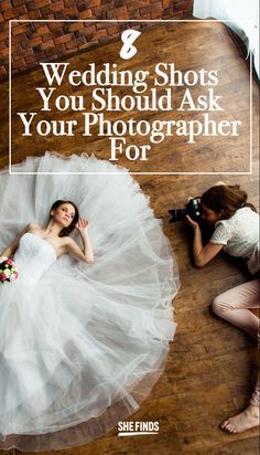 a bride laying on the floor with her wedding dress in front of her, and another woman