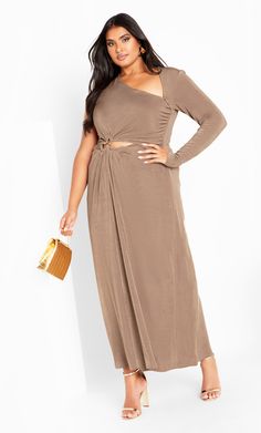 All eyes will be on you in our sleek Paolo Maxi Dress. Showcasing a fitted design, one full-length sleeve, and a maxi-length hemline, your curves will never look better. Key Features Include: - Asymmetrical neckline - One full-length sleeve - Front metal hardware detail - Pullover style - Fitted design - Maxi length - Lined Accessorize with your favorite nude lipstick to complete the look. | Plus Size Paola Maxi Dress in Mocha, Size 24 | City Chic Plus Size Beige Dress, Ribbed Bodycon Midi Dress, Sheer Maxi Dress, Ribbed Sweater Dress, Halter Midi Dress, Plus Size Maxi, Midi Short Sleeve Dress, Plus Size Maxi Dresses, Midi Dress Bodycon