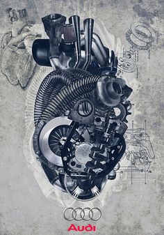 an advertisement for audi with the image of a heart made out of various engine parts