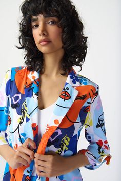 A true statement piece, this bold open blazer will elevate any ensemble. Distinguished by an alluring face-print design, this flowy woven blazer features sleek side slits, three-quarter tab sleeves, and delicate D-ring detail, all combined to add sophistication to this new wardrobe favourite. DETAILS & CARE 100% Polyester Flowy woven fabric Notched collar Three-quarter tab sleeves Unlined Hand wash in cold water with like colors Do not bleach Hang to dry in the shade Do not tumble dry Do not iro Multicolor Printed Blazer For Work, Chic Fitted Printed Outerwear, Chic Fitted Printed Blazer, Chic Printed Fall Blazer, Chic Printed Blazer For Fall, Multicolor Printed Blazer For Spring, Printed Blazer For Workwear In Fall, Chic Printed Spring Blazer, Printed Notch Lapel Blazer For Work