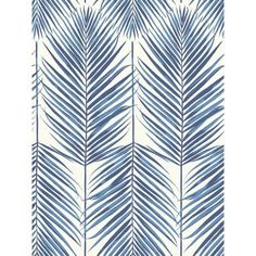 a blue and white wallpaper with palm leaves on the side, in an abstract pattern