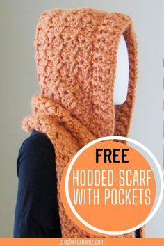 a crocheted hooded scarf with pockets is featured in the front and back view