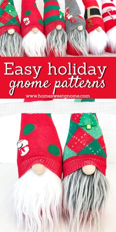 gnomes with christmas hats and sweaters are shown in this easy holiday gnome pattern