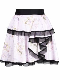 rose-pink/black cotton-blend asymmetric design all-over floral print high-waisted tiered skirt Mini Skirt Pink, White Lace Skirt, Ulyana Sergeenko, Floral Rosa, Asymmetrical Design, Summer Skirts, Tier Skirt, Cosplay Outfits, Tiered Skirt