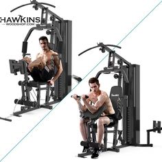 a man is sitting in a gym machine