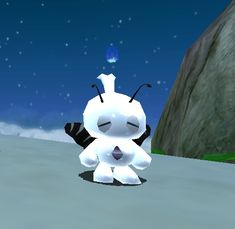 an animated character standing in the middle of a snow covered ground with mountains and stars in the background