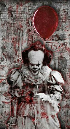 a creepy clown holding a red balloon