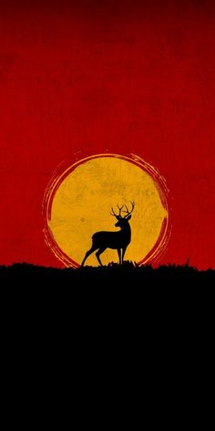 the silhouette of a deer in front of a red and yellow background