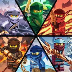 four different ninjas are depicted in the same image as each other, and one is holding