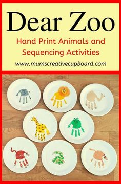 paper plates with handprint animals and the words dear zoo on them