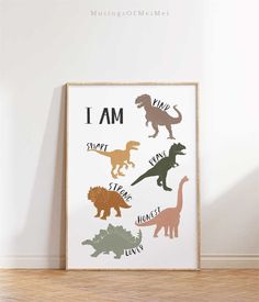 a framed poster with dinosaurs in different colors and sizes, on the wall next to a wooden floor