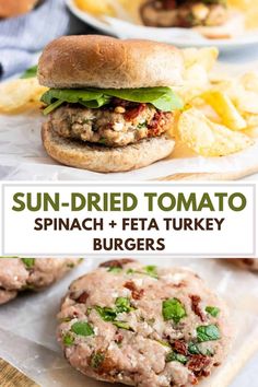 sun dried tomato, spinach and feta turkey burgers with text overlay