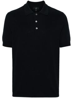 navy blue cotton ribbed knit textured finish polo collar front button placket short sleeves straight hem