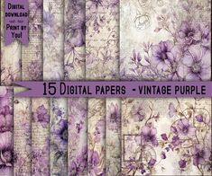 digital papers with purple flowers on them and the text, 15 digital papers - vintage purple