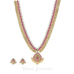 This is a gorgeous multi-stone 22k gold Kasu Mala drop necklace and earring set. Each coin features an engraved flower design, accented by ruby and emerald stones. The Kasu Mala necklace is complemented by matching earrings, with a total gold weight of 91.3 grams. This multi-stone jewelry set is perfect for formal occasions. Elegant Gold Multi-stone Temple Necklace, Festive Gold Multi-stone Jewelry Sets, Festive Multi-stone Gold Jewelry Sets, Elegant Gold Multi-stone Kundan Necklace, Yellow Gold Ruby Temple Necklace For Celebration, Festival 22k Gold Multi-stone Jewelry, 22k Gold Multi-stone Temple Necklace, 22k Gold Multi-stone Temple Jewelry Necklace, 22k Gold Temple Jewelry Bridal Necklace For Anniversary