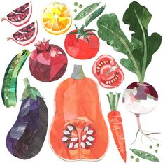 a watercolor painting of vegetables and fruits