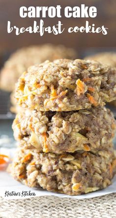 carrot cake breakfast cookies stacked on top of each other with the words carrot cake breakfast cookies