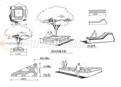 some drawings of different types of benches and trees with people sitting on them in the park