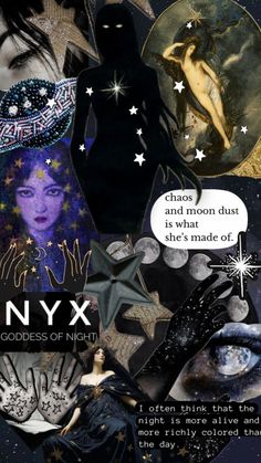 an image of nyx collage with stars, moon dust and the goddess of night