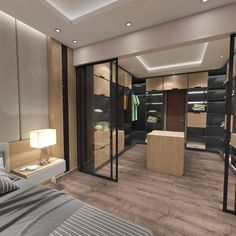 a bedroom with an open closet in the middle and a bed on the other side