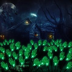 an image of a spooky garden with green lights in the dark night sky