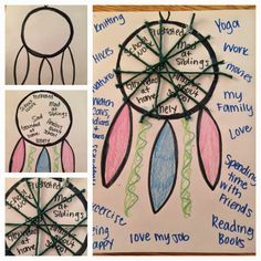 four pictures of different types of dream catchers with words written on the front and back