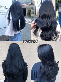 Blueberry Black Hair, Colored Tips Hair Brunette, Dark Blue Hair Color, Deep Blue Hair, Hair Color Dark Blue, 2024 Hair Trends For Women, 2024 Hair Trends, Dark Blue Hair, Korean Hair Color