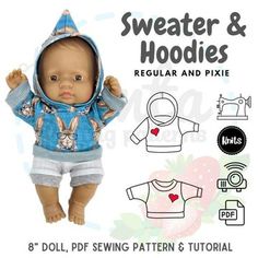 the doll is wearing a blue hoodie and pants with an attached collar, which also has