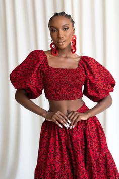 TOLA Smocked Puffy Sleeve African Print Crop Top Simple Chiffon Short Gowns, African Print Crop Top, Ankara Crop Top, African Tops For Women, Ankara Dress Designs, African Tops, African Print Tops, Chic Dress Classy, African Print Dress Designs