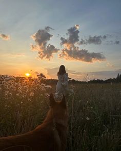 a woman standing next to a brown dog on top of a grass covered field at sunset